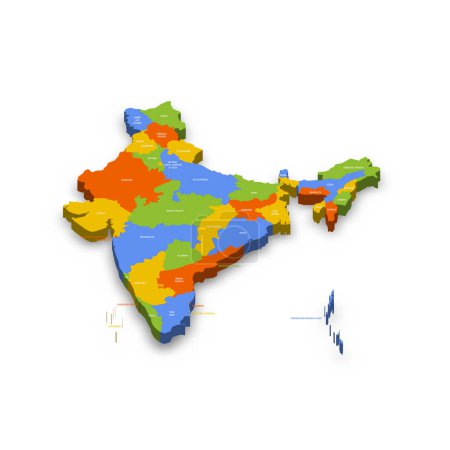 Indiens politische Landkarte der administrativen Teilungen - Staaten und Unionsteritorries. Bunte 3D-Vektorkarte mit Ländernamen und Schlagschatten.
