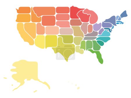 Mapa simplificado de Estados Unidos, Estados Unidos de América. Estilo retro. Formas geométricas de estados con bordes redondeados. Plano simple mapa vectorial en blanco