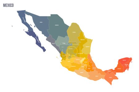 Carte politique mexicaine des divisions administratives - États et Mexico. Carte politique à spectre coloré avec étiquettes et nom du pays.