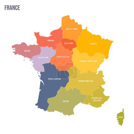France political map of administrative divisions - regions. Colorful spectrum political map with labels and country name.