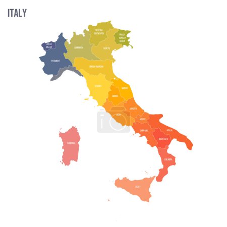 Italia mapa político de las divisiones administrativas - regiones. Mapa político de espectro colorido con etiquetas y nombre de país.