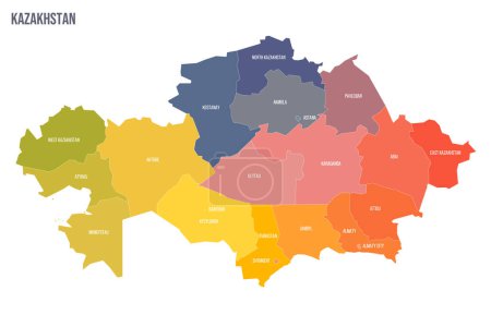 Kazakhstan carte politique des divisions administratives - régions et villes ayant des droits régionaux et ville d'importance pour la République de Baïkonour. Carte politique à spectre coloré avec étiquettes et nom du pays.