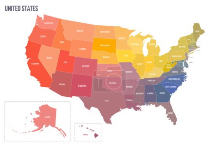 Carte politique des divisions administratives des États-Unis d'Amérique - États et district fédéral Washington, D.C. Carte politique à spectre coloré avec étiquettes et nom du pays.