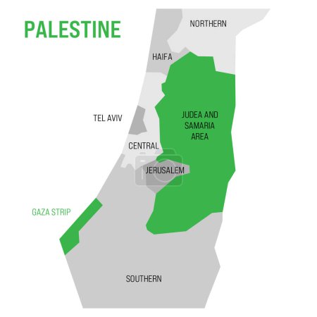 Political map of Palestine highlighted in the map of Israel. Green colored Gaza Strip and Judea and Samaria Area. Vector Illustration