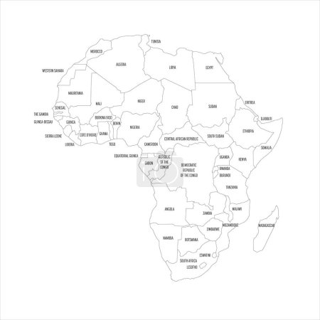 Political map of Africa. Thin black outline map with country name labels on white background. Ortographic projection. Vector illustration