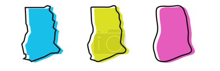 Ghana país negro contorno y siluetas país de color en tres niveles diferentes de suavidad. Mapas simplificados. Iconos vectoriales aislados sobre fondo blanco.