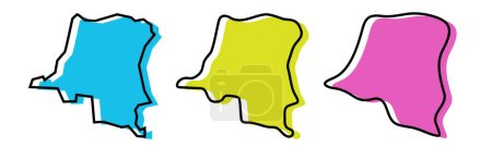 República Democrática del Congo país contorno negro y siluetas país de color en tres niveles diferentes de suavidad. Mapas simplificados. Iconos vectoriales aislados sobre fondo blanco.