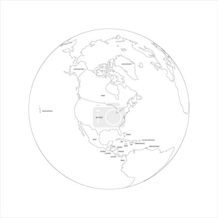 Political map of North America. Thin black outline map with country name labels on white background. Ortographic projection. Vector illustration