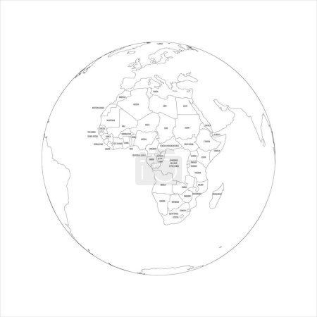 Political map of Africa. Thin black outline map with country name labels on white background. Ortographic projection. Vector illustration