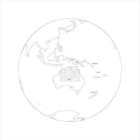 Politische Landkarte von Australien. Dünne schwarze Umrandungskarte mit Länderbezeichnungen auf weißem Hintergrund. Ortographische Projektion. Vektorillustration