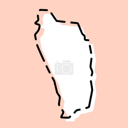 Dominica Land vereinfachte Karte. Weiße Silhouette mit schwarzer gebrochener Kontur auf rosa Hintergrund. Einfaches Vektorsymbol