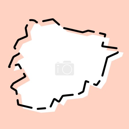 Andorra country simplified map. White silhouette with black broken contour on pink background. Simple vector icon