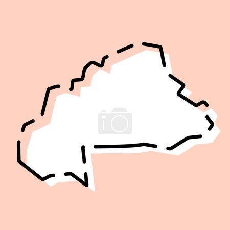 Carte simplifiée du Burkina Faso. Silhouette blanche avec contour cassé noir sur fond rose. Icône vectorielle simple