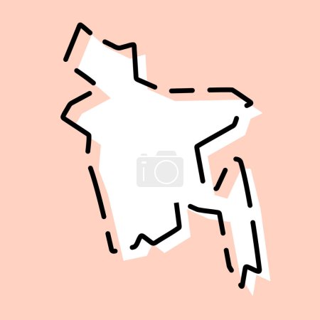 Bangladesh country simplified map. White silhouette with black broken contour on pink background. Simple vector icon