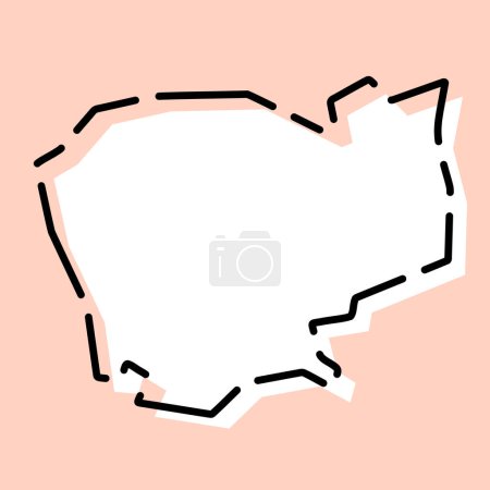 Kambodscha Land vereinfachte Karte. Weiße Silhouette mit schwarzer gebrochener Kontur auf rosa Hintergrund. Einfaches Vektorsymbol