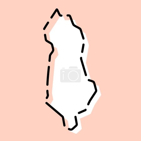 Albanien Land vereinfachte Karte. Weiße Silhouette mit schwarzer gebrochener Kontur auf rosa Hintergrund. Einfaches Vektorsymbol