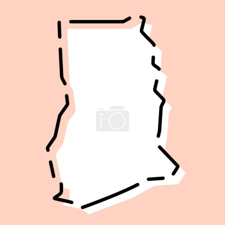 Carte simplifiée du Ghana. Silhouette blanche avec contour cassé noir sur fond rose. Icône vectorielle simple