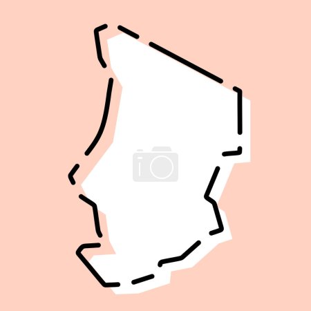 Tschad-Land vereinfachte Karte. Weiße Silhouette mit schwarzer gebrochener Kontur auf rosa Hintergrund. Einfaches Vektorsymbol