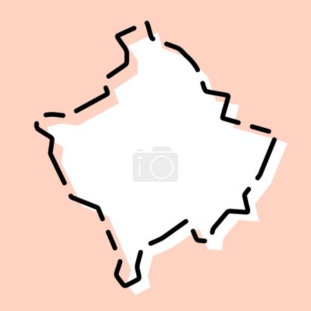 Carte simplifiée du Kosovo. Silhouette blanche avec contour cassé noir sur fond rose. Icône vectorielle simple