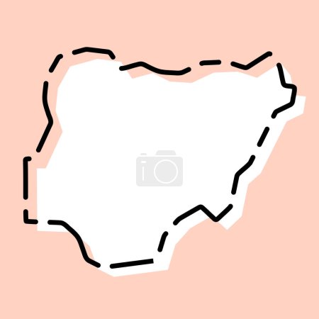 Nigeria país mapa simplificado. Silueta blanca con contorno negro roto sobre fondo rosa. Icono de vector simple
