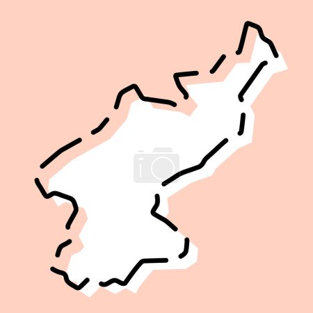 North Korea country simplified map. White silhouette with black broken contour on pink background. Simple vector icon