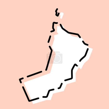 Oman country simplified map. White silhouette with black broken contour on pink background. Simple vector icon