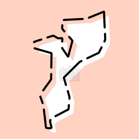 Carte simplifiée du Mozambique. Silhouette blanche avec contour cassé noir sur fond rose. Icône vectorielle simple