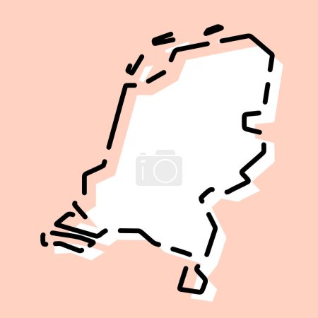 Netherlands country simplified map. White silhouette with black broken contour on pink background. Simple vector icon