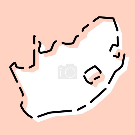 Südafrika vereinfachte Landkarte. Weiße Silhouette mit schwarzer gebrochener Kontur auf rosa Hintergrund. Einfaches Vektorsymbol