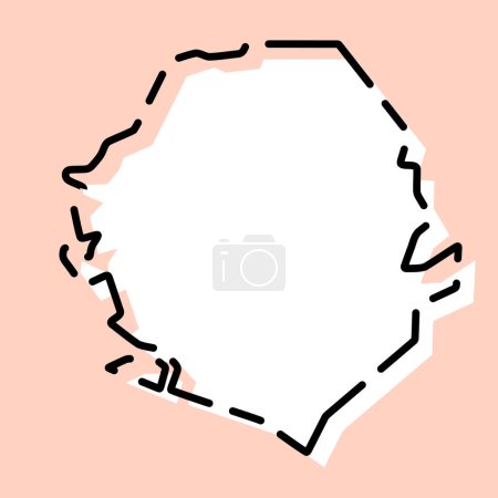 Sierra Leone Land vereinfachte Karte. Weiße Silhouette mit schwarzer gebrochener Kontur auf rosa Hintergrund. Einfaches Vektorsymbol