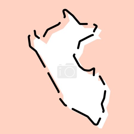 Peru country simplified map. White silhouette with black broken contour on pink background. Simple vector icon