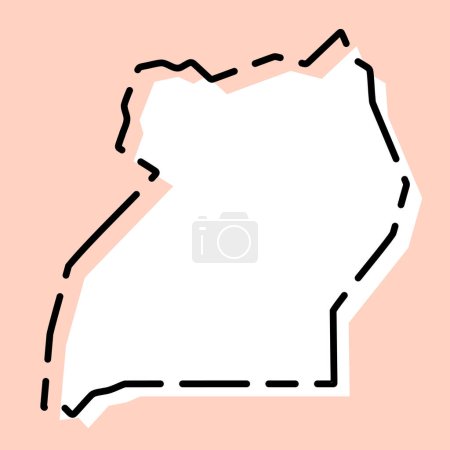 Uganda Land vereinfachte Karte. Weiße Silhouette mit schwarzer gebrochener Kontur auf rosa Hintergrund. Einfaches Vektorsymbol