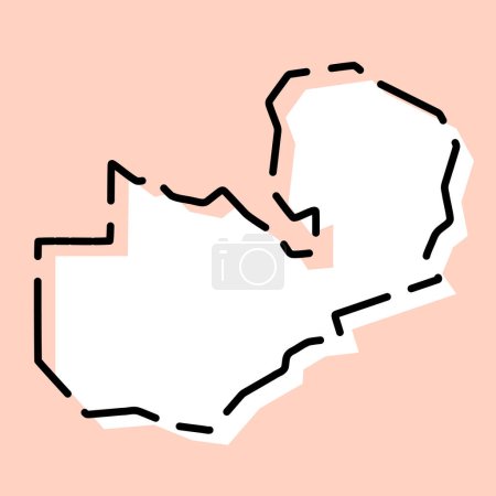 Carte simplifiée du pays Zambie. Silhouette blanche avec contour cassé noir sur fond rose. Icône vectorielle simple