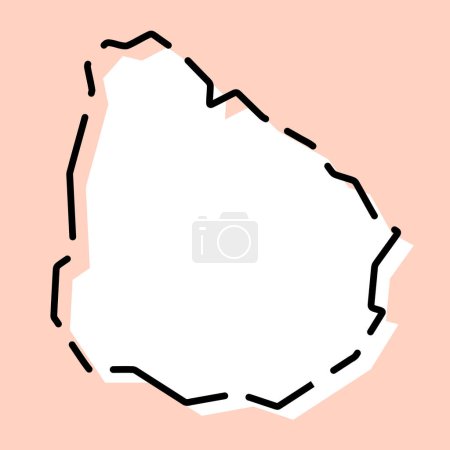 Uruguay Land vereinfachte Karte. Weiße Silhouette mit schwarzer gebrochener Kontur auf rosa Hintergrund. Einfaches Vektorsymbol