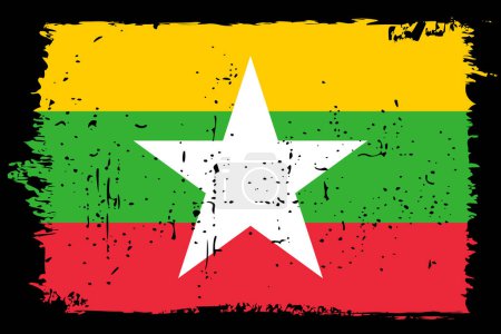 Myanmar Flagge - Vektorfahne mit stylischem Scratch-Effekt und schwarzem Grunge-Rahmen.