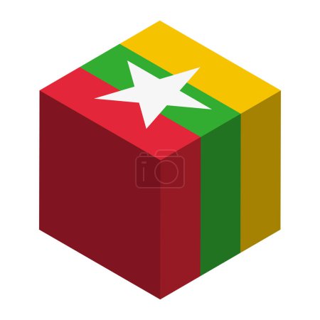 Bandera de Myanmar - cubo isométrico 3D aislado sobre fondo blanco. Objeto vectorial.