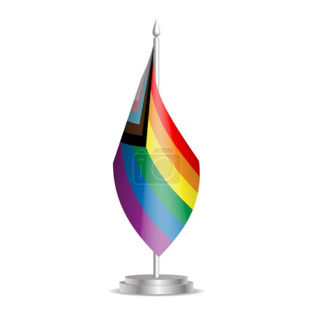 Lesben, Schwule, Bisexuelle und Transgender-Fahnen. Stolz auf den Fortschritt. Neue Version 2018 von LGBTQ-Gemeinschaften. 3D-Mini-Flagge hängt am Fahnenmast. Verwendbar für Gipfel- oder Konferenzpräsentationen. Vektor