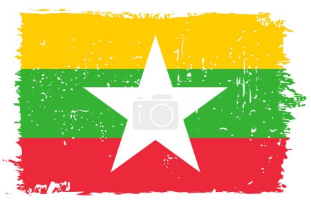 Bandera de Myanmar - bandera vectorial con efecto de arañazo elegante y marco grunge blanco.