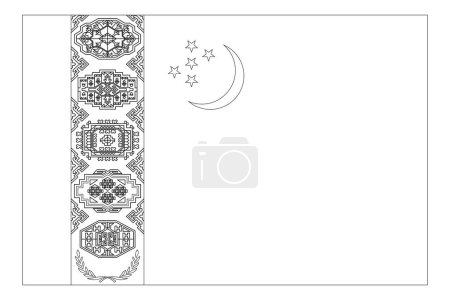 Turkmenistan flag - thin black vector outline wireframe isolated on white background. Ready for colouring.