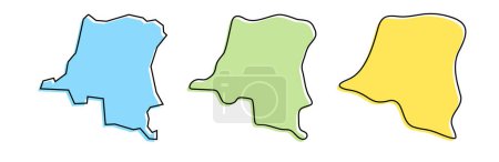 República Democrática del Congo país contorno negro y siluetas país de color en tres niveles diferentes de suavidad. Mapas simplificados. Iconos vectoriales aislados sobre fondo blanco.