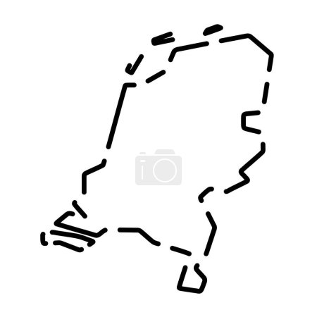 Netherlands country simplified map. Black broken outline contour on white background. Simple vector icon