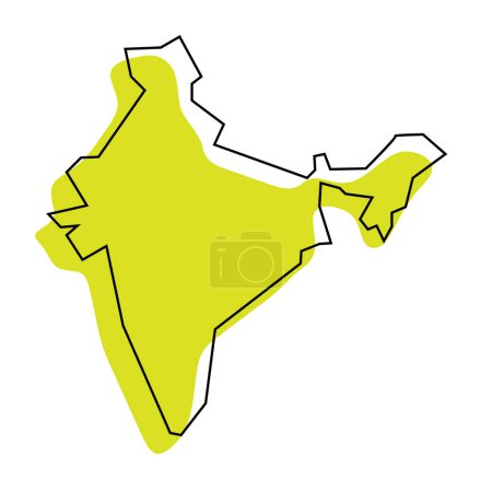India country simplified map. Green silhouette with thin black contour outline isolated on white background. Simple vector icon