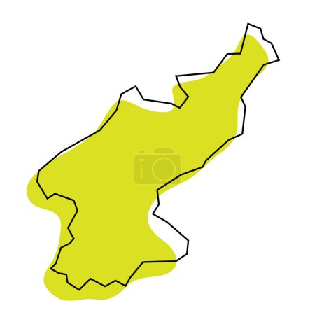 Corée du Nord carte simplifiée. Silhouette verte avec contour noir fin isolé sur fond blanc. Icône vectorielle simple