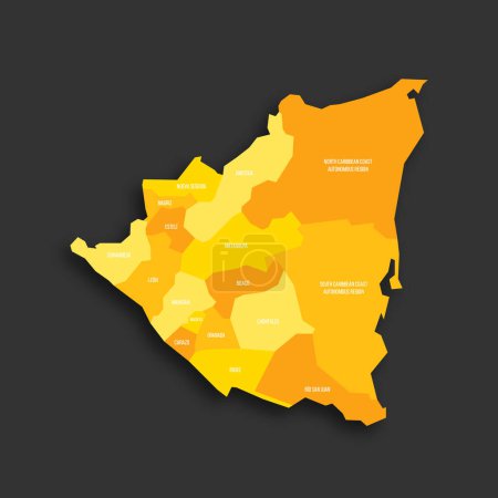 Nicaragua carte politique des divisions administratives - départements et régions autonomes. Carte vectorielle plate de couleur jaune avec étiquettes de nom et ombre portée isolée sur fond gris foncé.