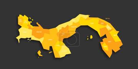 Panama politische Landkarte der administrativen Teilungen - Provinzen. Gelber Farbton flache Vektorkarte mit Namensschildern und Schlagschatten isoliert auf dunkelgrauem Hintergrund.