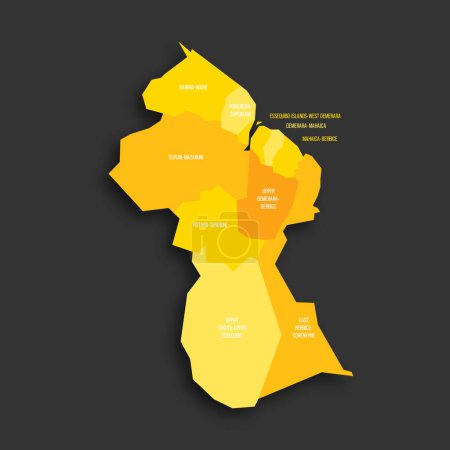 Guyana political map of administrative divisions - regions. Yellow shade flat vector map with name labels and dropped shadow isolated on dark grey background.