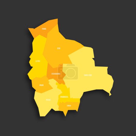 Bolivia political map of administrative divisions - departments. Yellow shade flat vector map with name labels and dropped shadow isolated on dark grey background.
