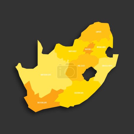 Südafrikas politische Landkarte der administrativen Teilungen - Provinzen. Gelber Farbton flache Vektorkarte mit Namensschildern und Schlagschatten isoliert auf dunkelgrauem Hintergrund.