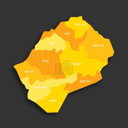 Lesotho carte politique des divisions administratives - districts. Carte vectorielle plate de couleur jaune avec étiquettes de nom et ombre portée isolée sur fond gris foncé.