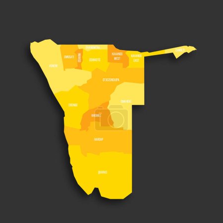 Namibia political map of administrative divisions - regions. Yellow shade flat vector map with name labels and dropped shadow isolated on dark grey background.